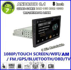 1DIN Adjustable 8 Android 8.1 Car Stereo Radio GPS Wifi MLK With Rear View Camera