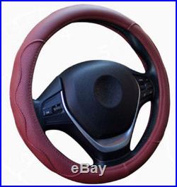 38CM Fiber PU Leather Embossed Car SUV Steering Wheel Cover Sport Style Burgundy